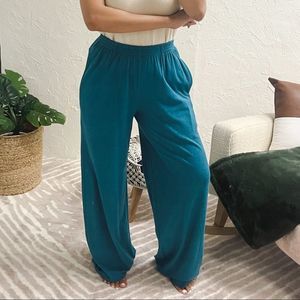 New Eskandar Pants Teal Blue 100% Pima Cotton Wide Leg Extra Long